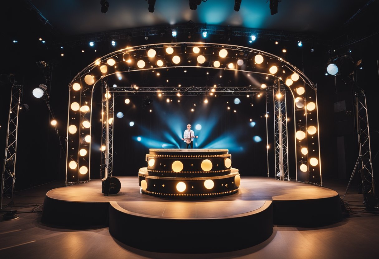 A stage with various props and equipment for niche hobbies like juggling, magic, or puppetry. Bright lights and a lively atmosphere
