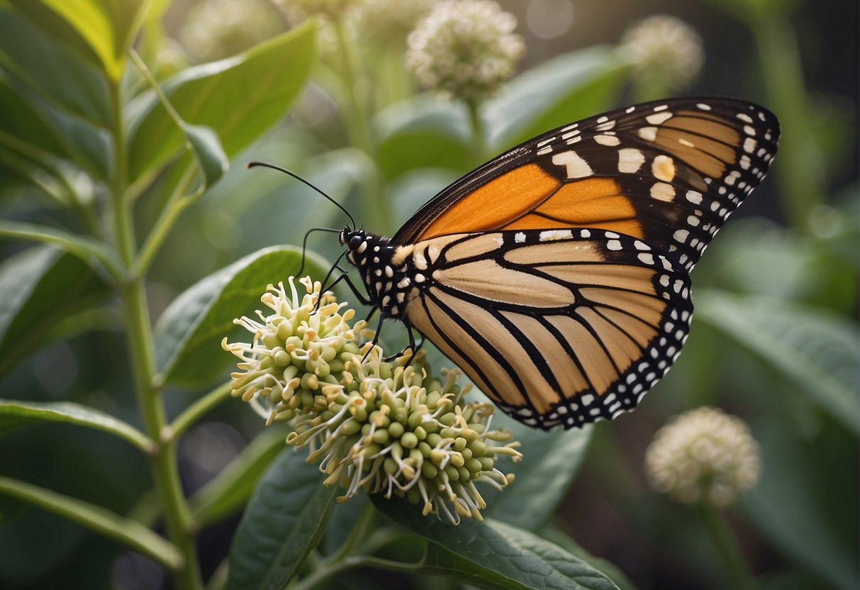 A monarch butterfly lays its eggs on a milkweed plant, which serves as the sole food source for its larvae. The plant's toxins make the caterpillars toxic to predators, demonstrating the symbiotic relationship between the two species