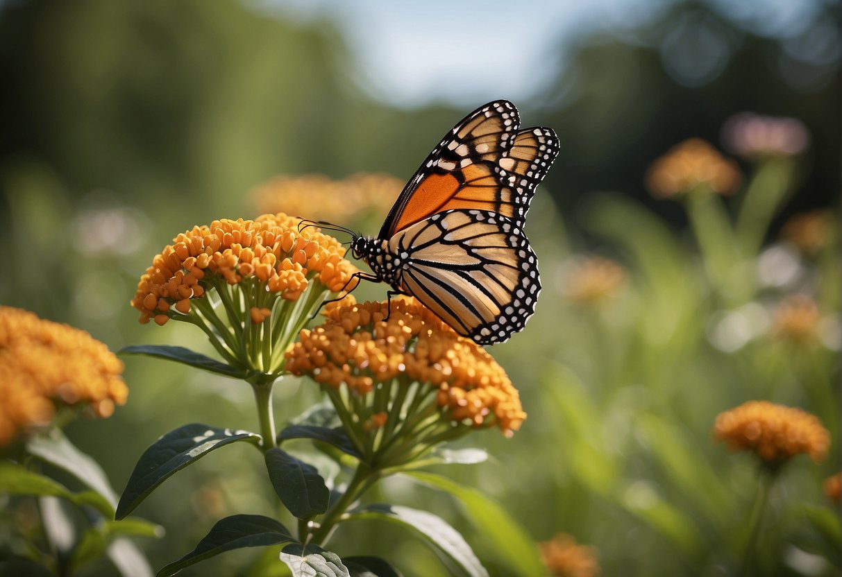 A monarch butterfly delicately lands on a vibrant milkweed plant, its slender legs gently gripping the leaves as it sips nectar from the colorful blooms