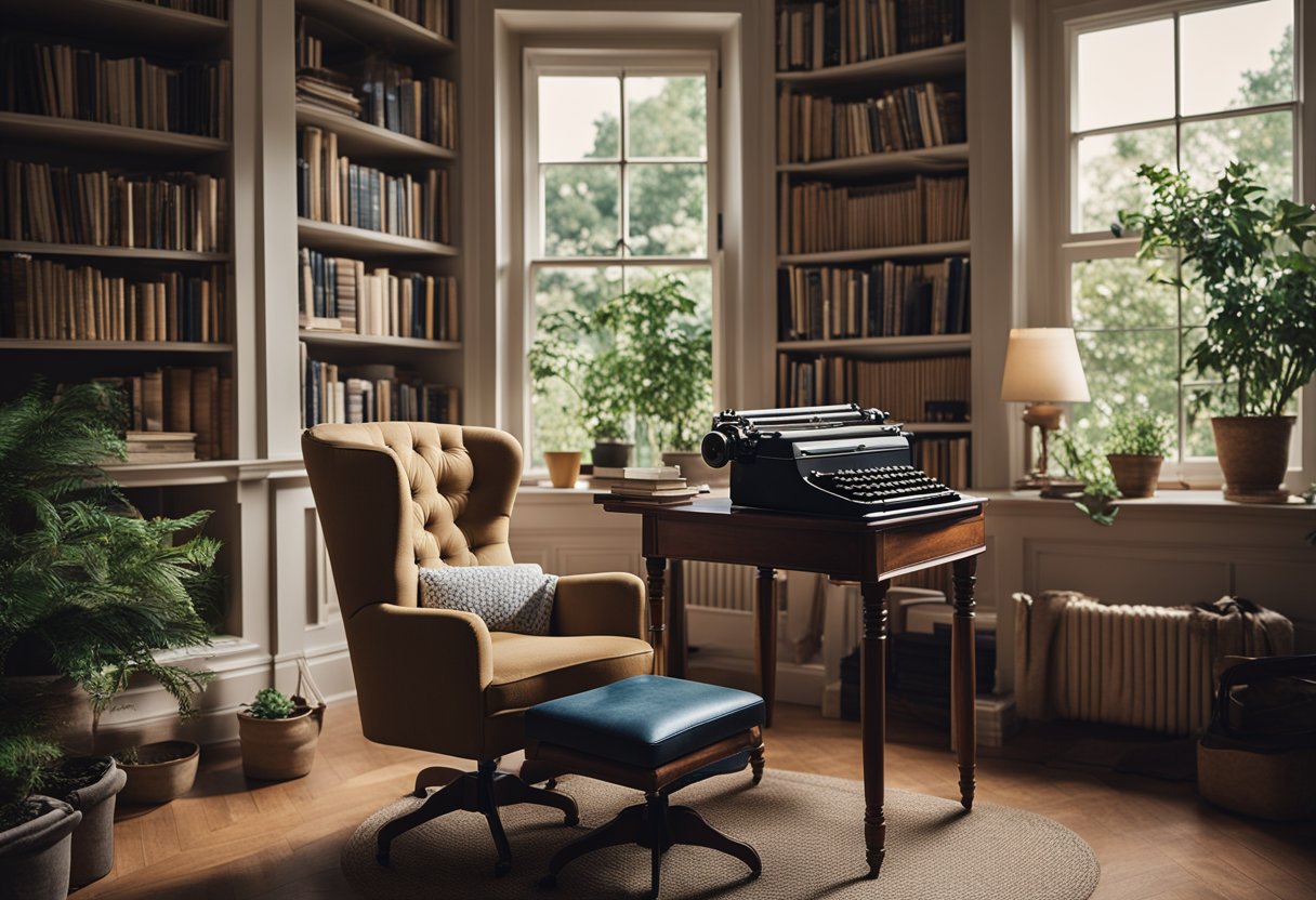 A cozy study with overflowing bookshelves, a vintage typewriter, and a comfortable armchair by a window overlooking a serene garden