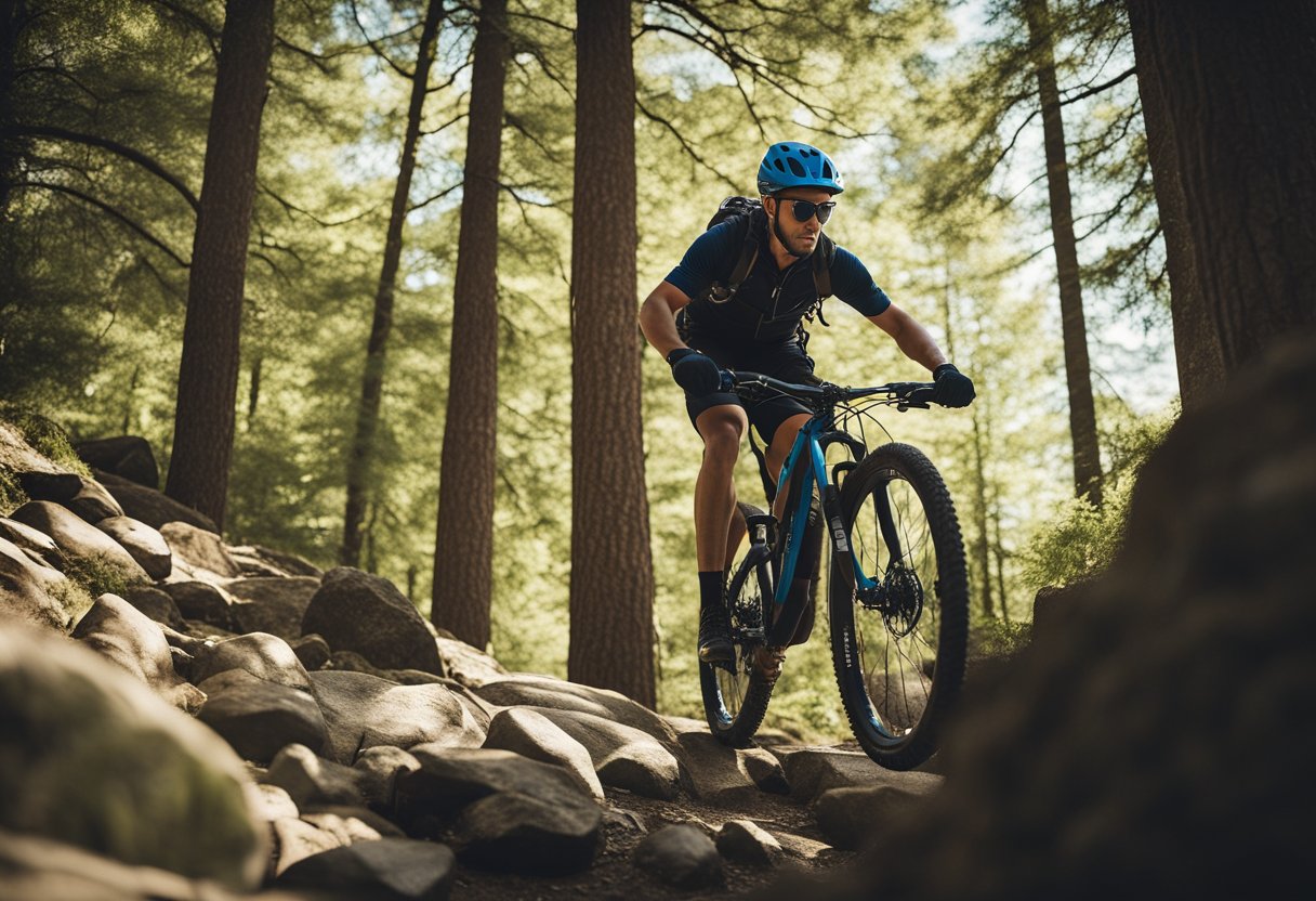 A mountain biker races down a rocky trail, surrounded by towering trees and a clear blue sky. A rock climbing enthusiast scales a sheer cliff, with a breathtaking view of the valley below