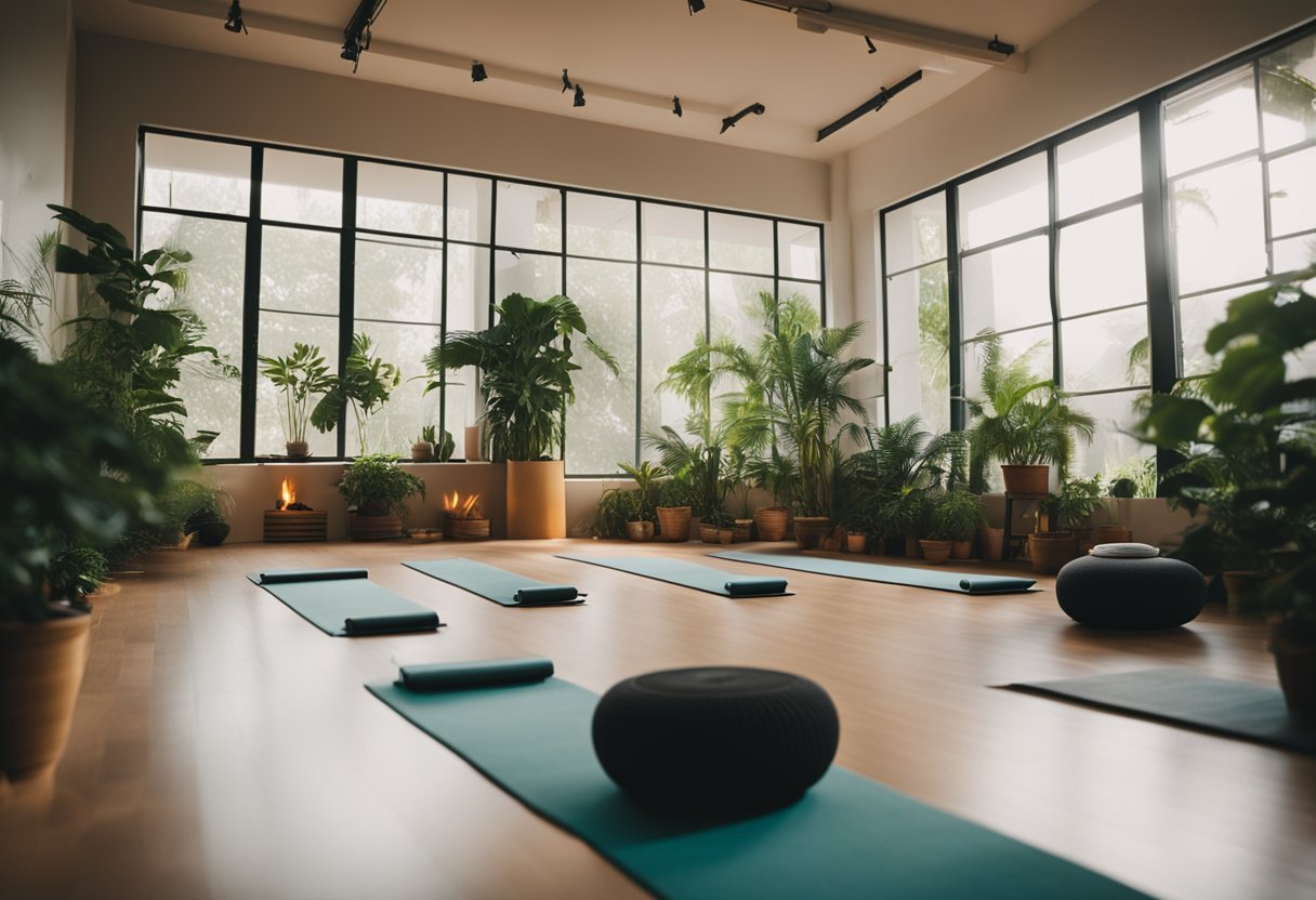 A serene yoga studio with incense burning and soft music playing, surrounded by plants and natural light