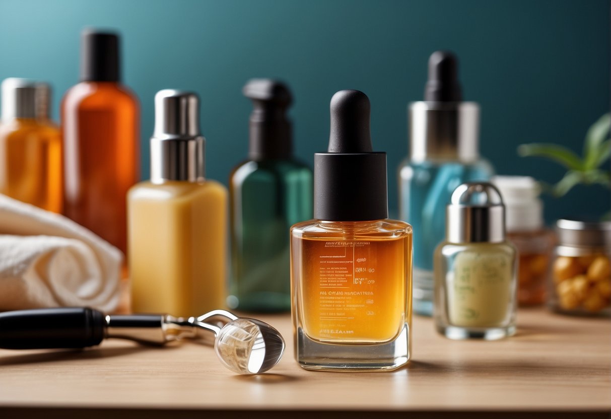 Nail polish bottles, vitamins, and a magnifying glass on a table. A diagram of a nail with transparent layers