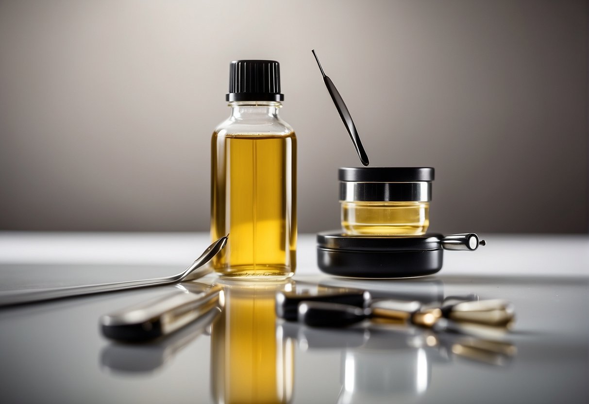 Is Castor Oil Good for Nails 2025? Experts Explain 2 A small bottle of castor oil sits on a clean, white surface. A dropper hovers over a neatly arranged set of nail care tools