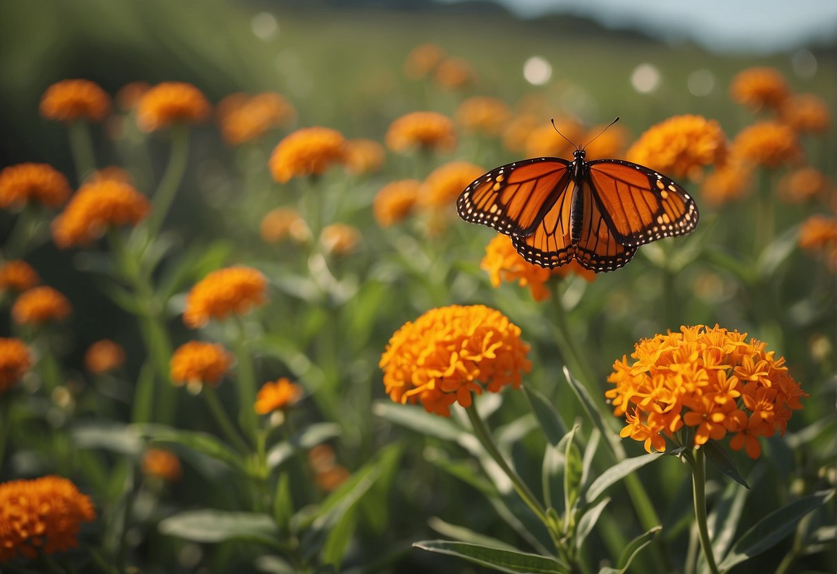 A lush field of vibrant butterfly milkweed, with clusters of bright orange flowers, swaying gently in the breeze. Bees and butterflies flit from bloom to bloom, collecting nectar