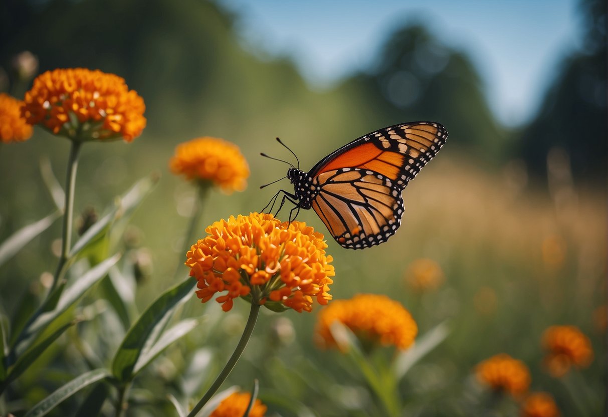 A vibrant butterfly milkweed plant stands tall in a sunny meadow, its bright orange flowers attracting fluttering butterflies