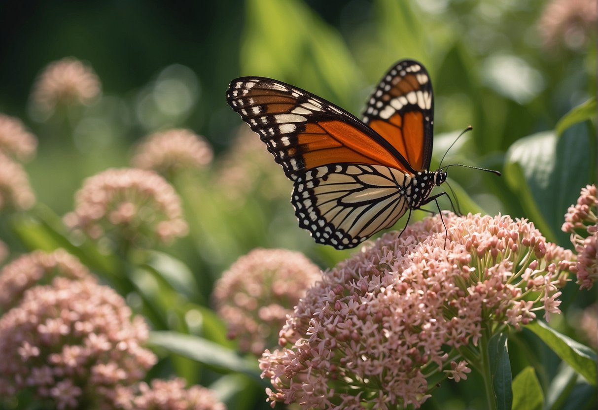A butterfly alights on a vibrant milkweed plant, with a "Frequently Asked Questions" sign nearby. The scene is set in a garden or nursery