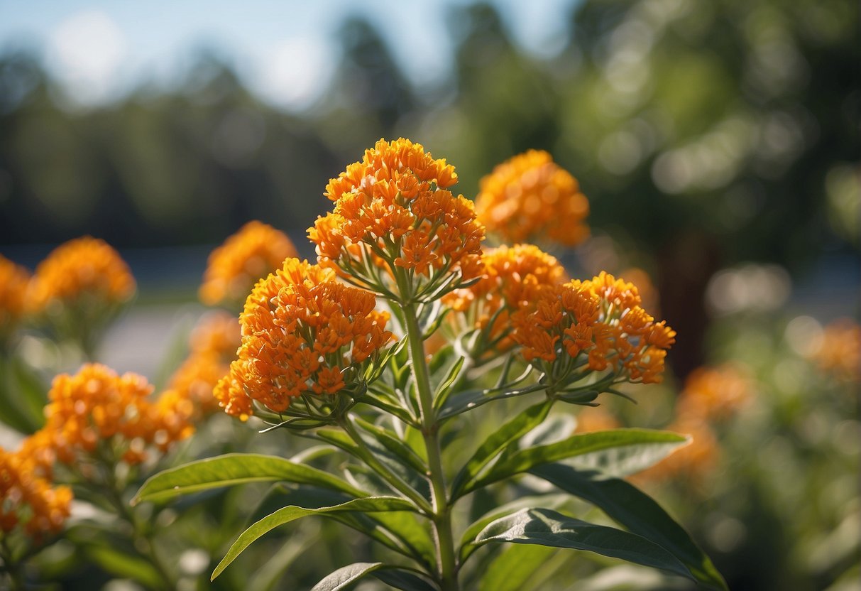 Florida butterfly milkweed being gently watered, pruned, and fertilized in a sunny garden setting