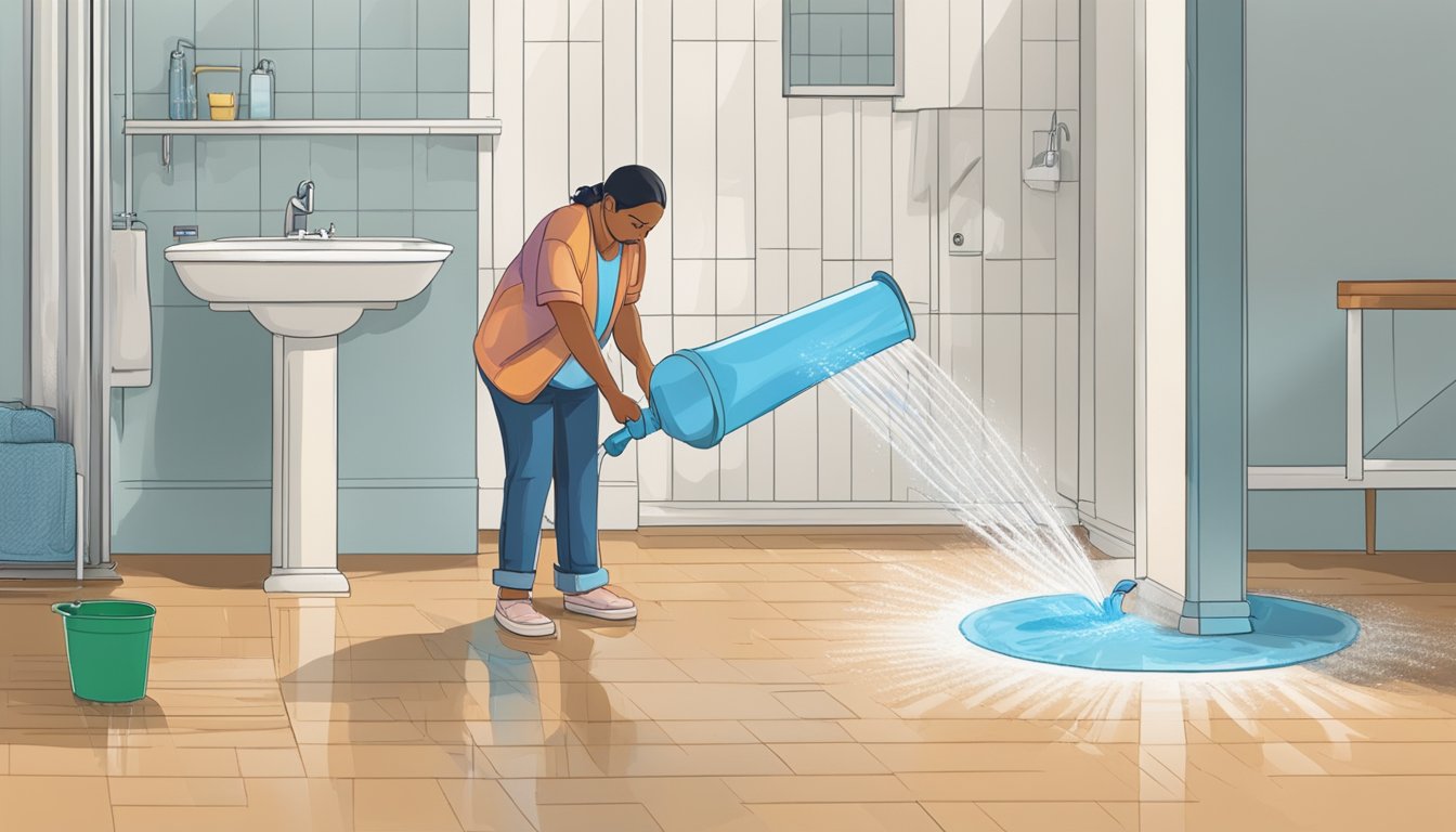 A burst pipe sprays water onto the floor. A person rushes to turn off the main water supply. Another person uses towels to soak up the water. A third person sets up fans to dry the area