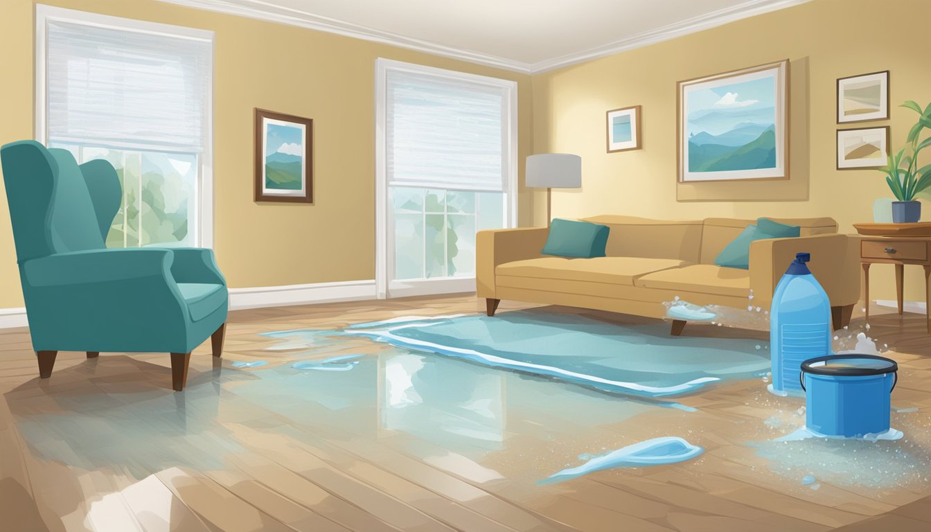 Water spills on the floor, seeping into carpet and walls. Use towels to soak up water, and place fans to dry the area. Remove wet items to prevent further damage