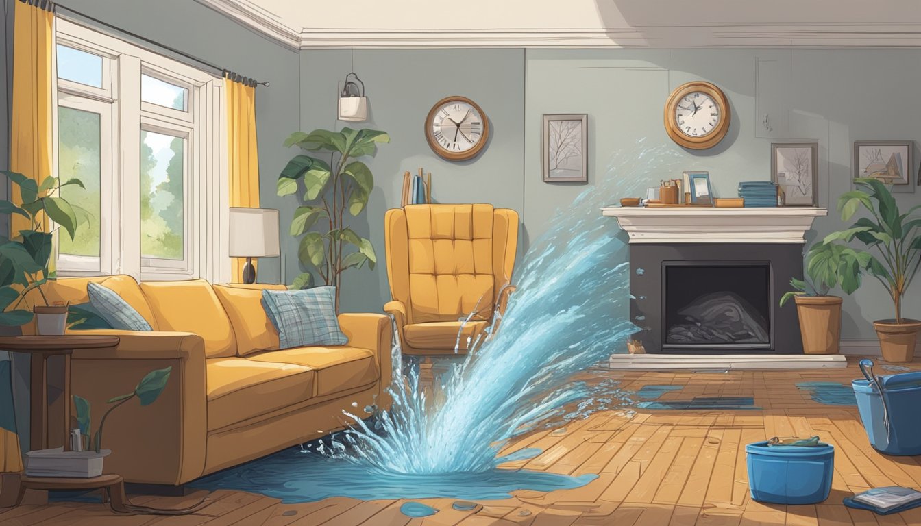 A burst pipe floods a living room. A technician assesses the damage and documents the extent of water damage within the first 24 hours