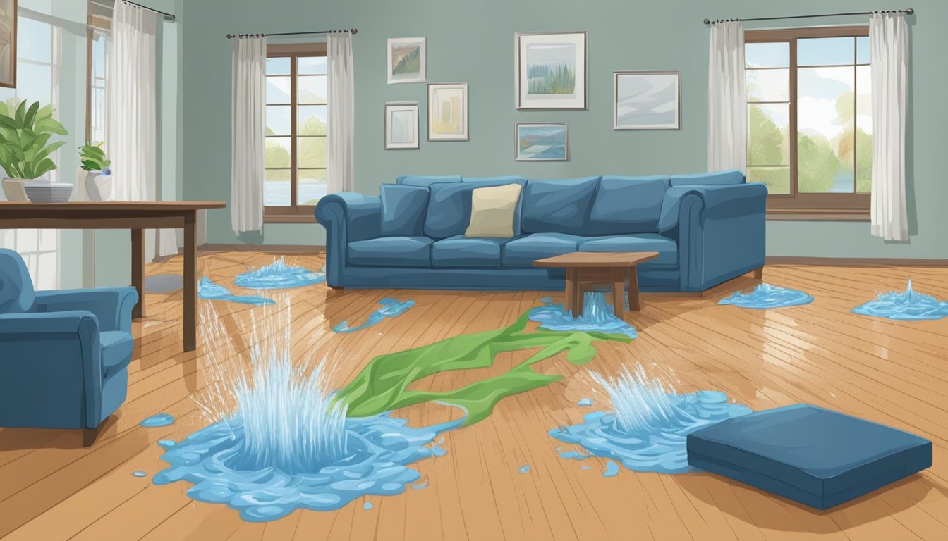 A burst pipe floods a home, water spreading across the floor. A team rushes in, removing furniture and setting up drying equipment. They work quickly to prevent further damage