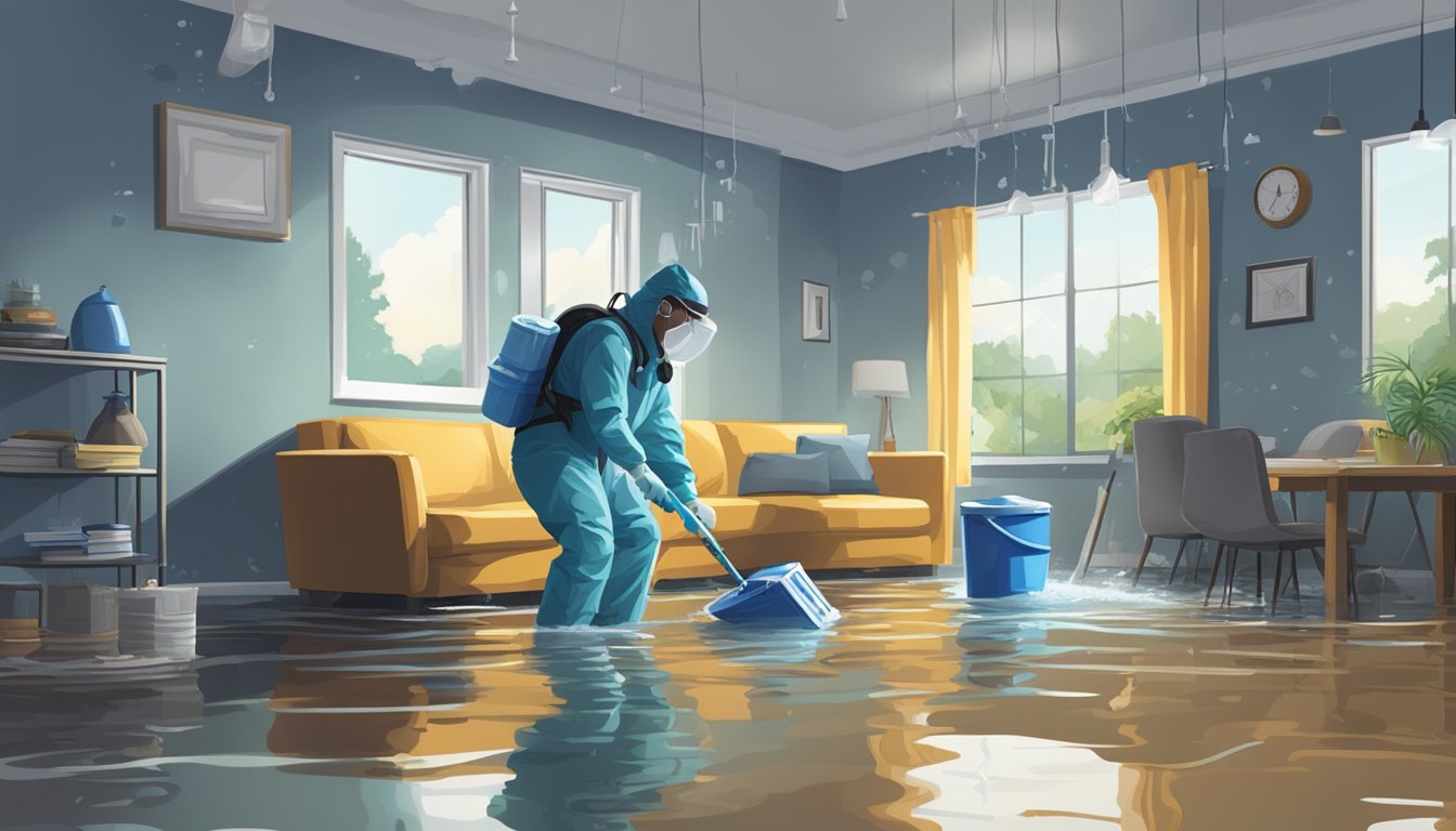 A person in protective gear sprays and wipes down surfaces in a flooded room, focusing on electronics and furniture to minimize water damage