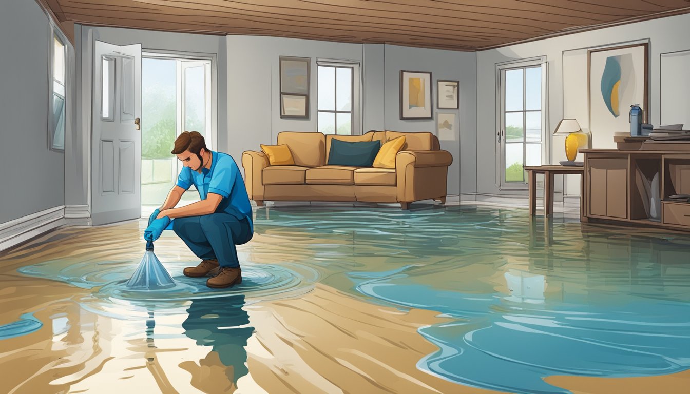 A technician assesses water damage, extracts water, and begins drying process in a flooded home