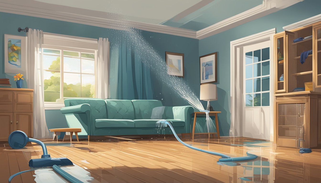 A burst pipe floods a home, water pooling on the floor. A homeowner frantically tries to shut off the main water supply. A wet, damaged ceiling drips water onto furniture and belongings