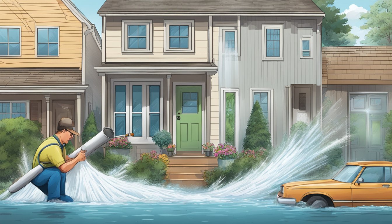 A burst pipe spewing water, a frantic homeowner placing towels and buckets to contain the flood, while calling a plumber for immediate repair