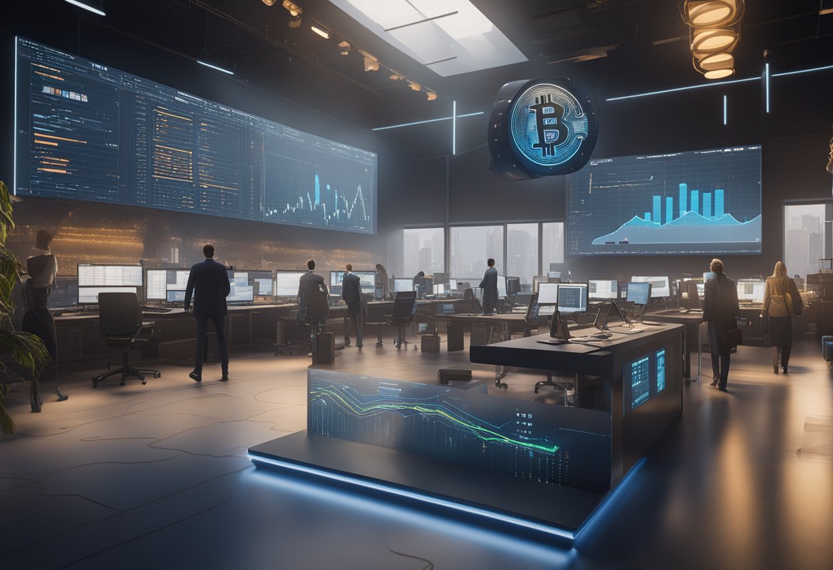 The scene depicts a futuristic market analysis of cryptocurrency in 2024, with data charts and graphs. The question "Is it worth investing in cryptocurrencies in 2024?" is displayed prominently