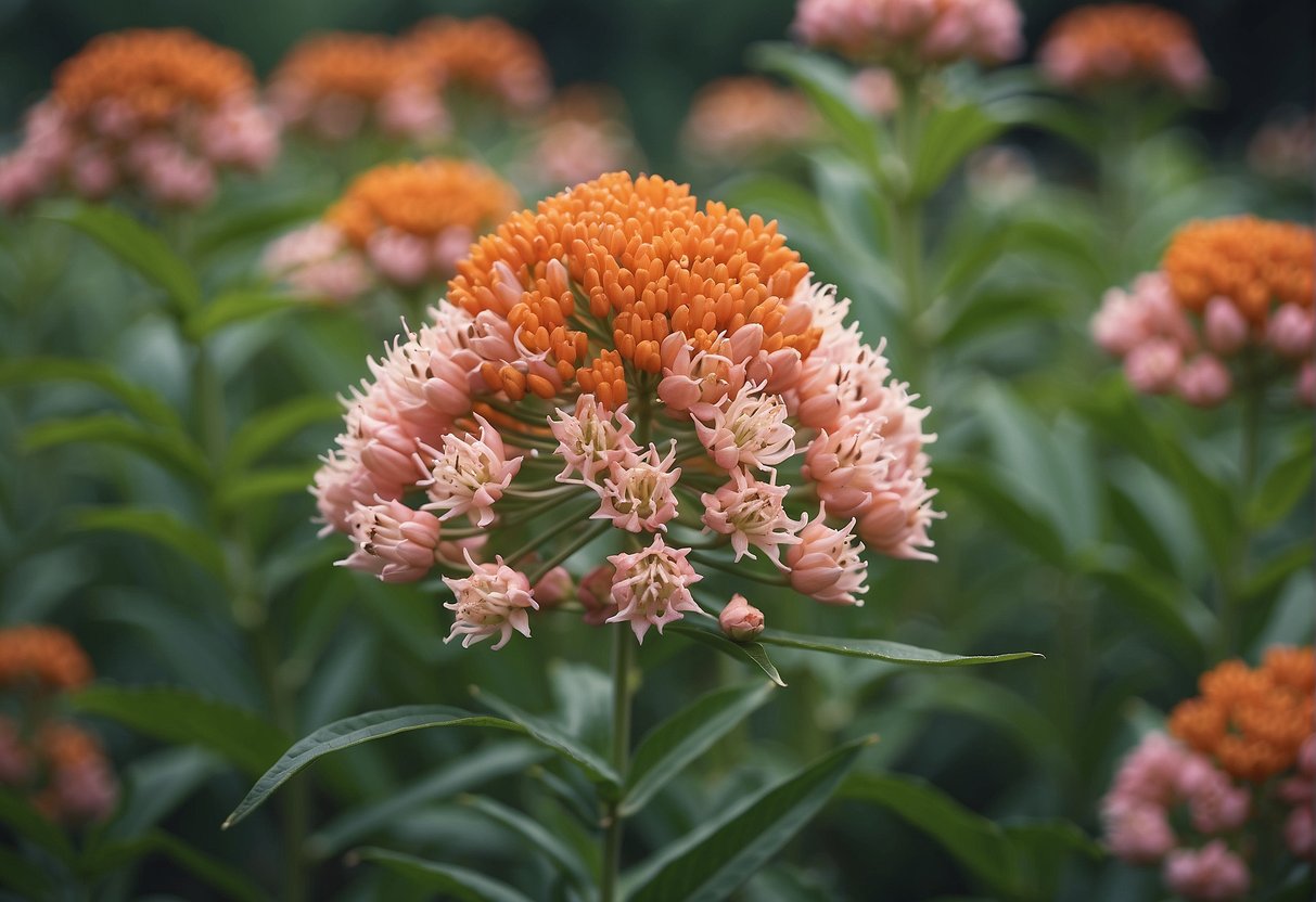 A butterfly milkweed plant with pink flowers in a garden