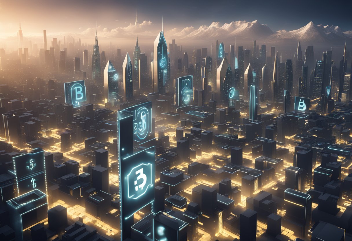 A futuristic city skyline with digital currency symbols floating above buildings, showcasing the potential of blockchain technology and cryptocurrency investments in 2024