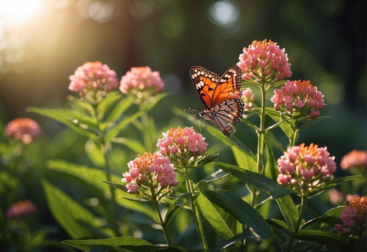 Butterfly milkweed flowers in vibrant pink, surrounded by green leaves and delicate stems. The sun shines down, casting a warm glow on the blossoms