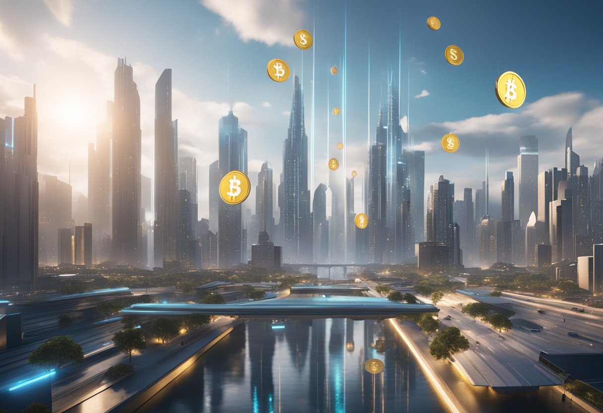 A futuristic city skyline with digital currency symbols floating above, while a scale shows regulatory obstacles on one side and investment opportunities on the other