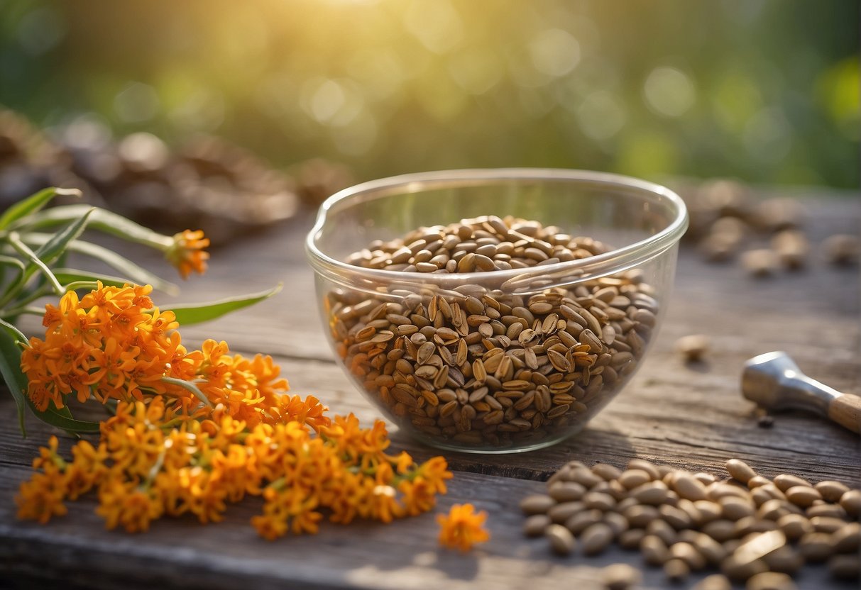 Butterfly milkweed seeds being plucked from pods, scattered on a table with small gardening tools nearby. A hand-written sign reads "Frequently Asked Questions: how to harvest butterfly milkweed seeds"