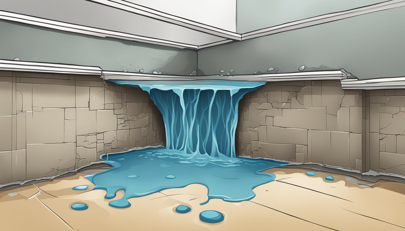 Water seeping through a cracked foundation, soaking into walls and floors, causing visible damage and mold growth