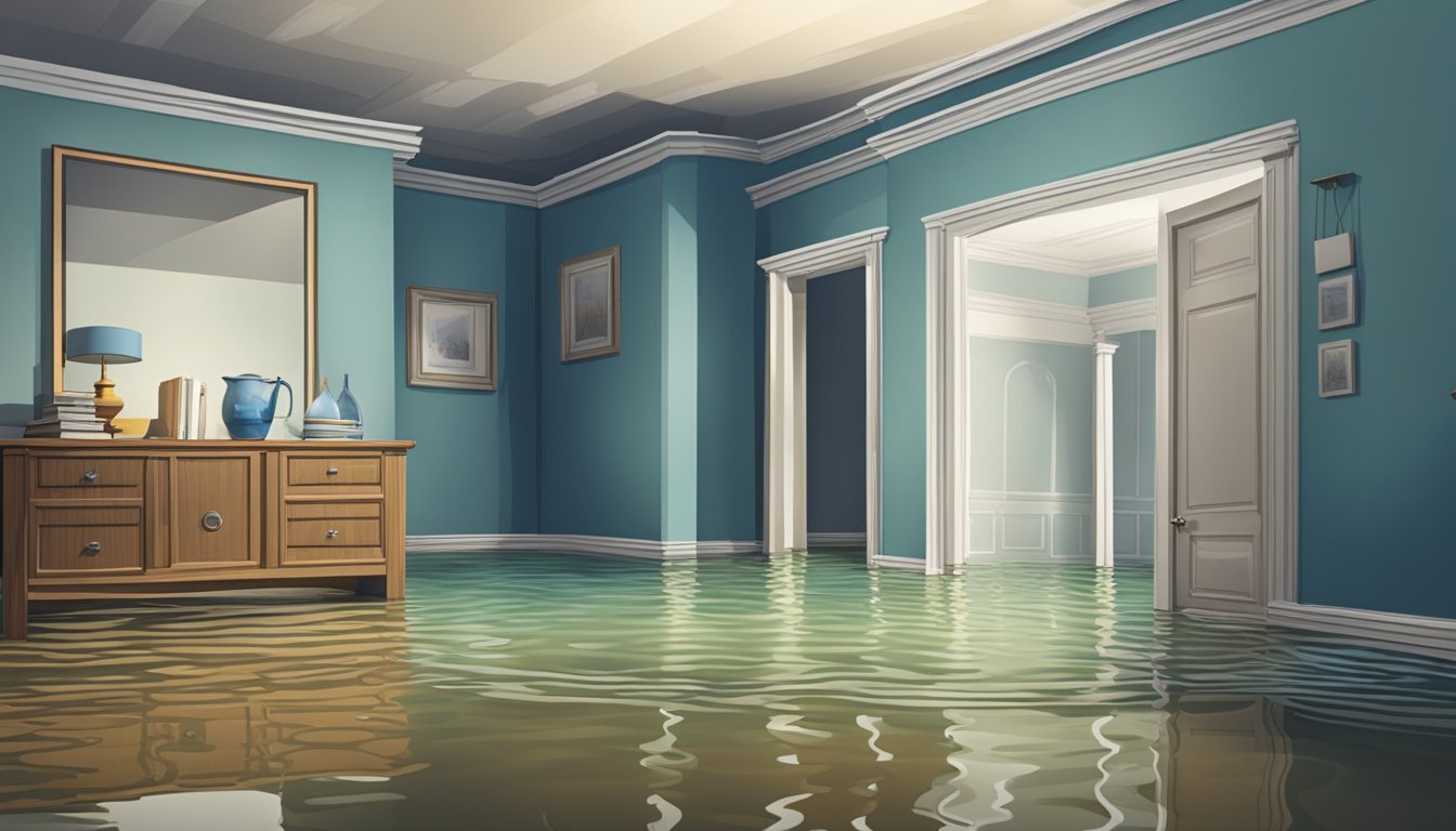 A flooded room with water levels rising from a burst pipe, seeping through the walls and floor, causing visible damage to the structure