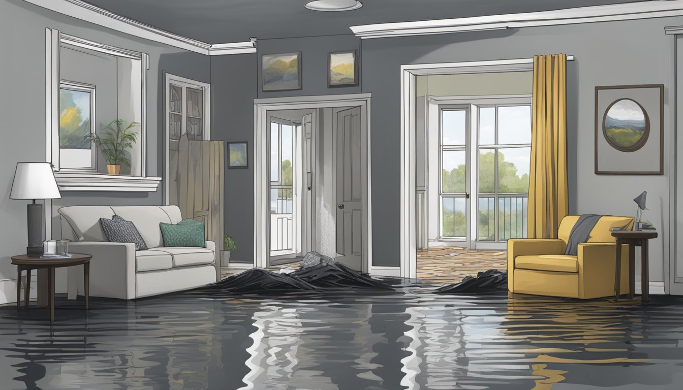 A flooded room with water damage, categorized as clean, gray, or black, showing various levels of destruction and potential hazards