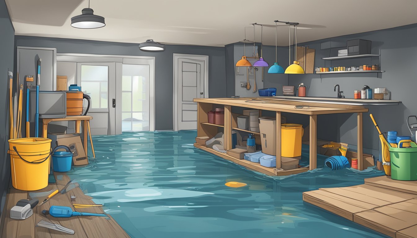 A flooded basement with water damage categories labeled. Expert and DIY tools nearby