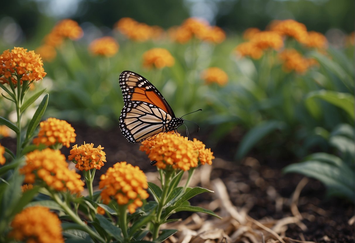 A garden with blooming butterfly milkweed plants, surrounded by mulch and labeled with care instructions