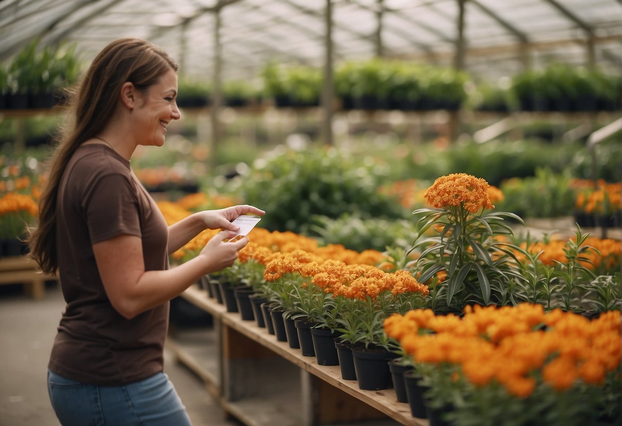 A customer browsing a plant nursery, pointing to a sign that reads "Butterfly Milkweed Plants" and asking a staff member for assistance