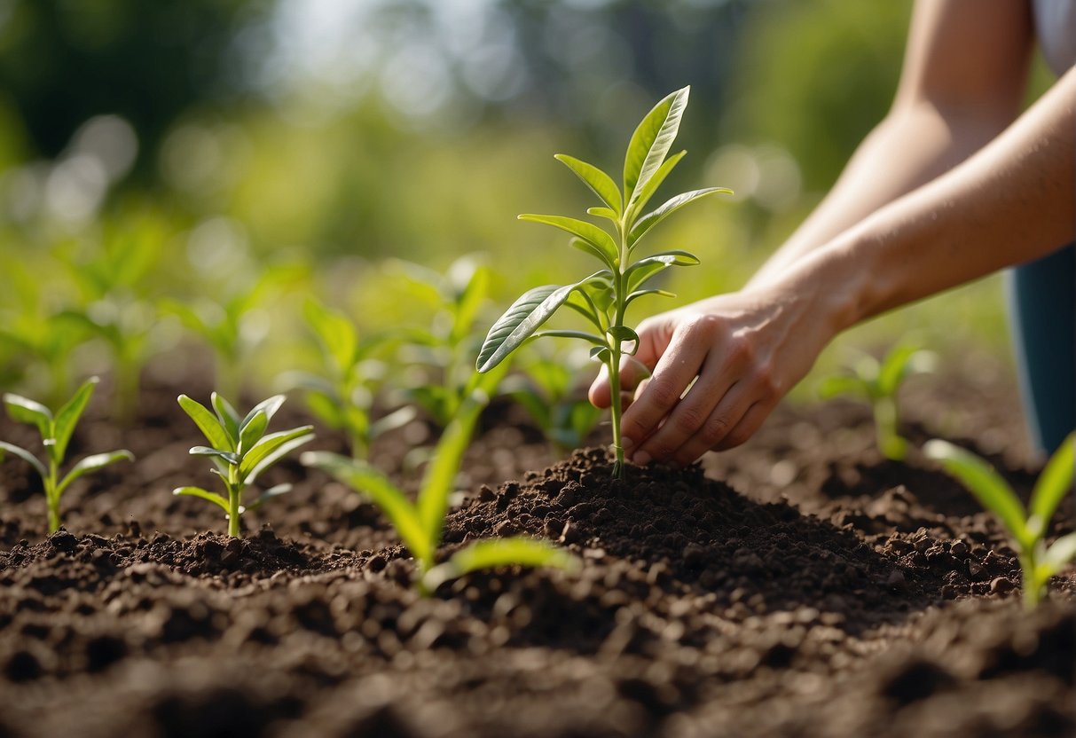 A person plants butterfly milkweed in a sunny garden bed. The soil is being carefully tilled and the small green seedlings are being gently placed into the ground