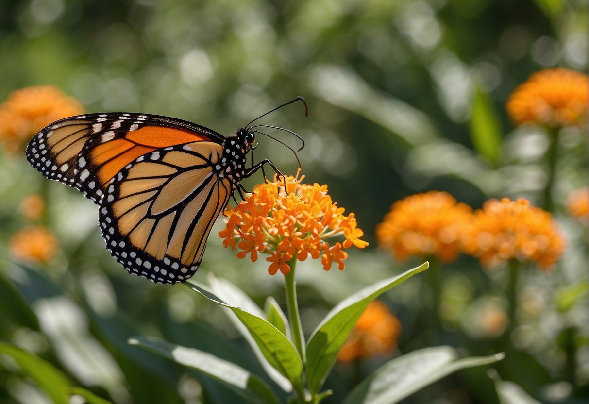 Butterfly milkweed blooms in a sunny garden, with bright orange flowers and green leaves. A monarch butterfly hovers nearby, sipping nectar from the flowers
