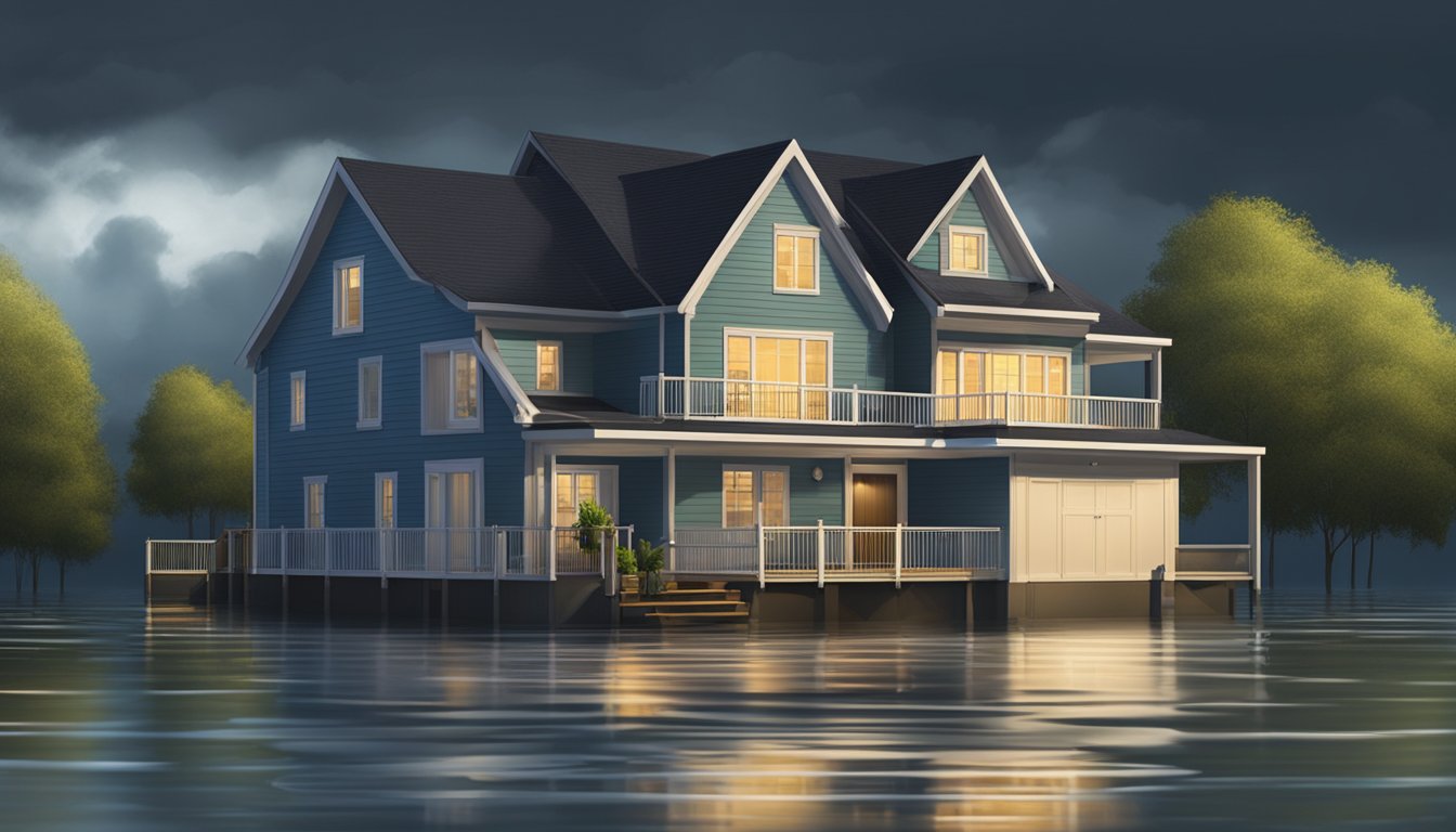 A house surrounded by rising water, with flood barriers and pumps in place to protect it. The sky is dark and stormy, indicating the threat of flooding