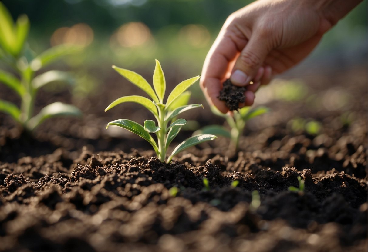 A hand planting milkweed seeds in fertile soil, watering them gently, and tending to the young plants as they grow and thrive