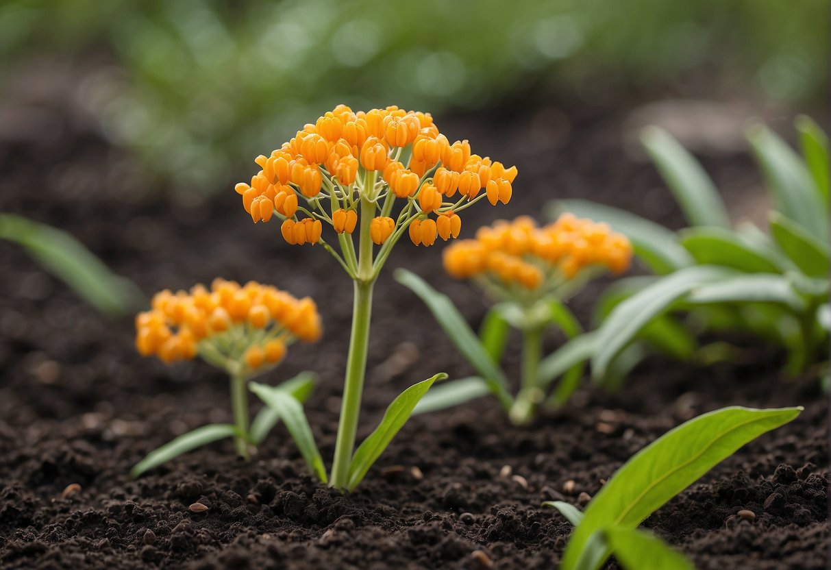 Butterfly milkweed seeds are sown in a well-draining soil mix, kept moist, and placed in a sunny location. The seeds germinate in 10-20 days, and the seedlings can be transplanted outdoors after the