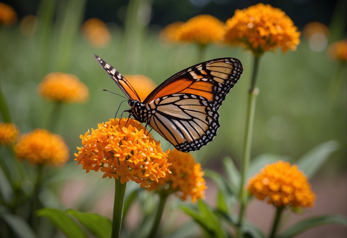 Butterfly milkweed seeds planted in rich soil, watered regularly, and placed in a sunny location. The plant grows tall with vibrant orange flowers attracting butterflies