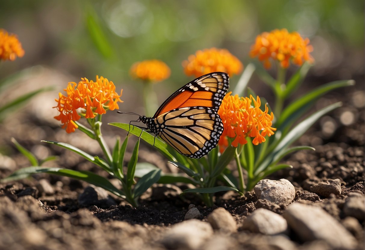 Butterfly milkweed grows in rich, well-drained soil under full sun. The plant features bright orange flowers that attract butterflies and other pollinators