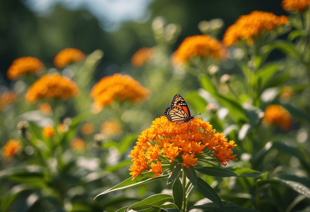 Butterfly milkweed grows tall with vibrant orange flowers, surrounded by fluttering butterflies and bees. The sun shines down on the lush green leaves, as the plants thrive in a garden setting