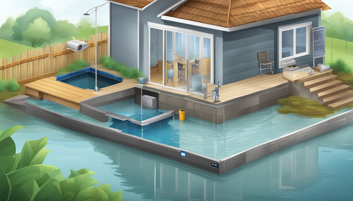 A house is surrounded by flood barriers and water-resistant materials, with a sump pump and emergency supplies visible