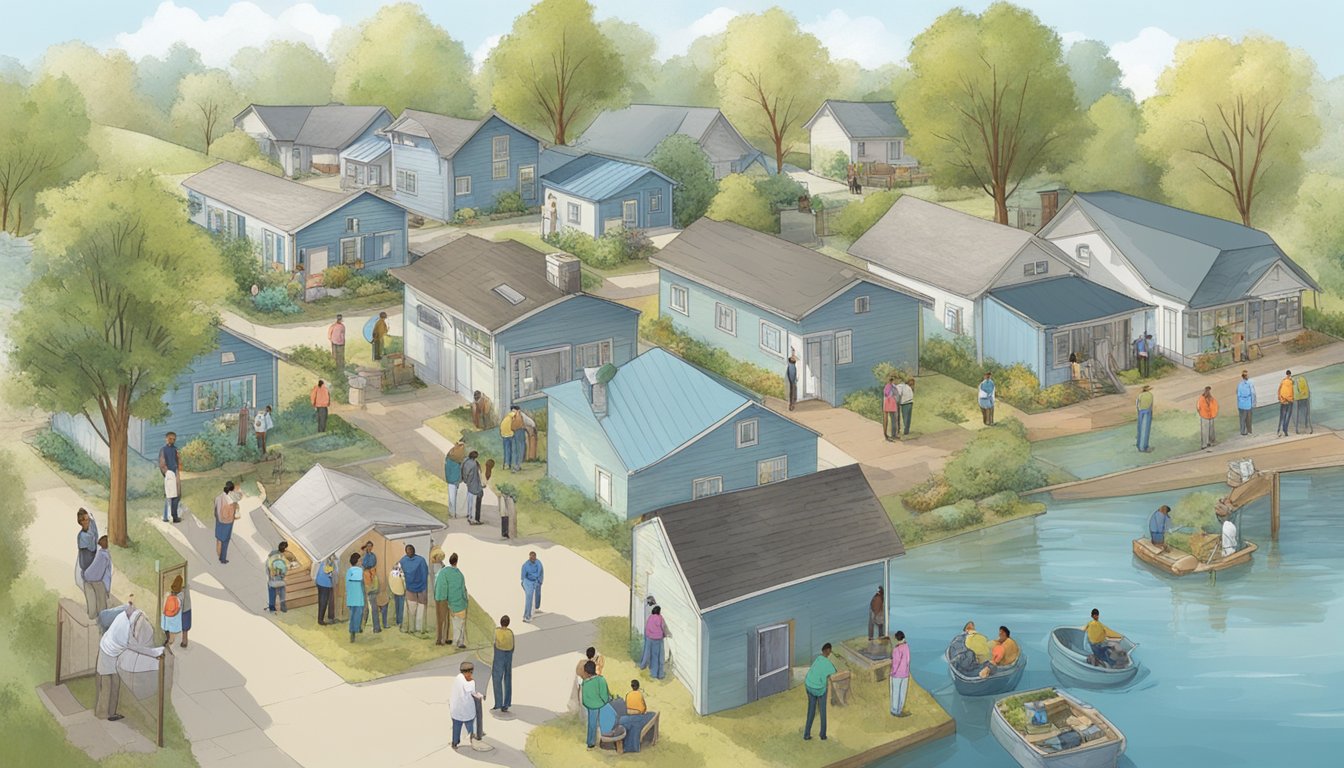 A diverse community gathers to learn about flood-proofing homes. Government agencies and local organizations showcase innovative solutions for all budgets