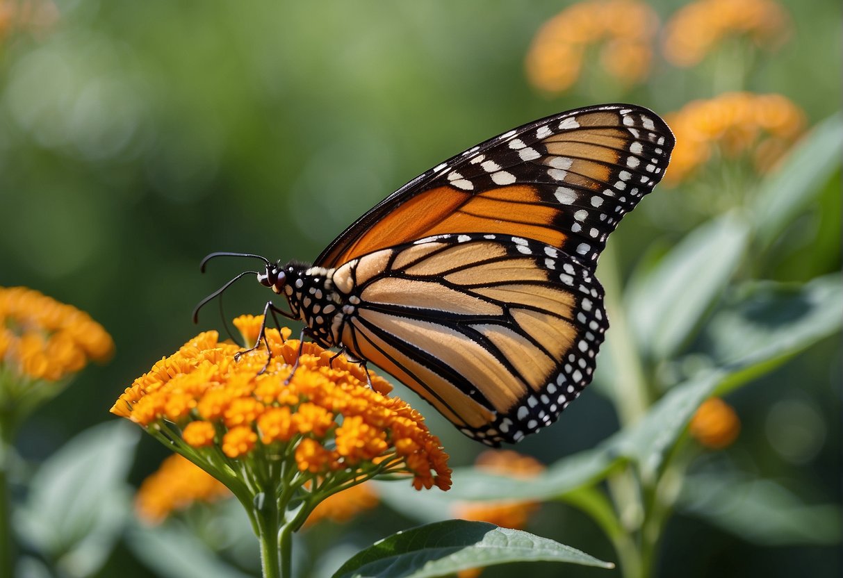 A monarch butterfly lays eggs on a milkweed plant, surrounded by vibrant green leaves and bright orange flowers