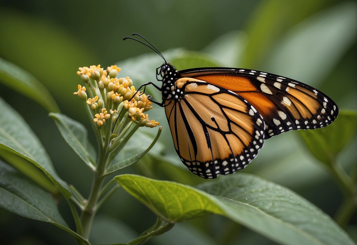 A monarch butterfly lands on a milkweed plant, delicately laying its eggs on the underside of a leaf