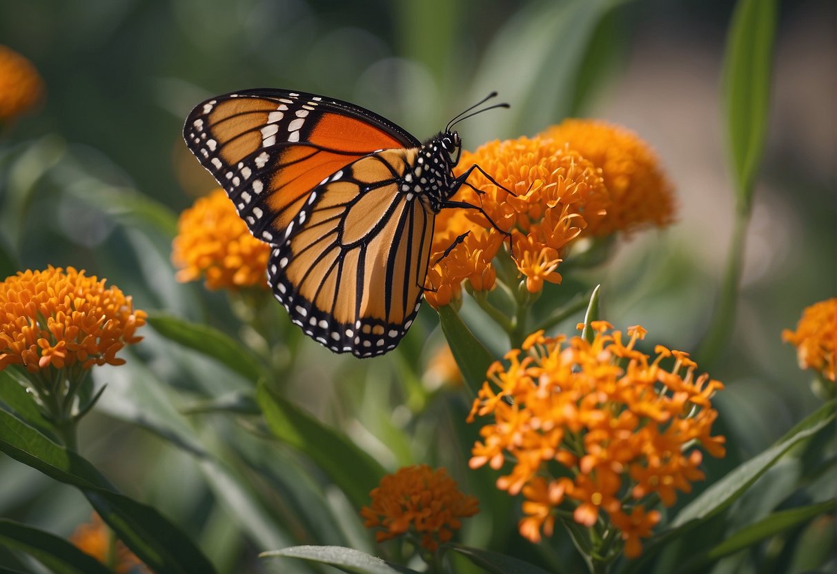 A vibrant butterfly milkweed plant grows in a sunny garden, with bright orange flowers and long, slender leaves. Bees and butterflies flit around, drawn to the nectar-rich blooms