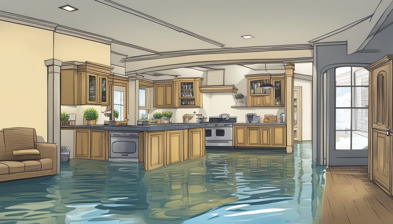 A homeowner inspects a flooded basement, documents damage, contacts insurance, and schedules an assessment