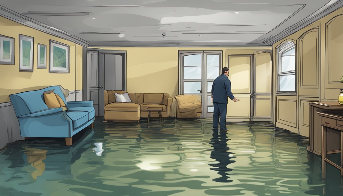 A flooded basement with damaged furniture and water stains on the walls, as an insurance adjuster assesses the extent of the water damage