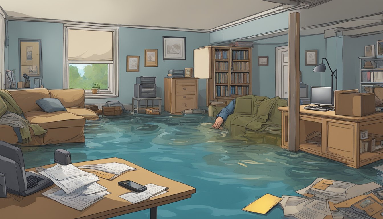 A flooded basement with water-damaged furniture, soaked carpets, and water stains on the walls. A person on the phone with an insurance company, surrounded by paperwork and a damaged electronic device