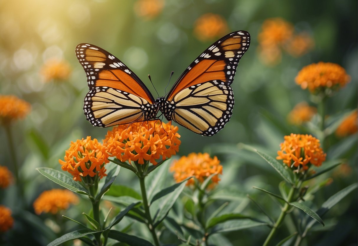 Butterfly milkweed plant with orange flowers and green leaves, surrounded by butterflies and bees