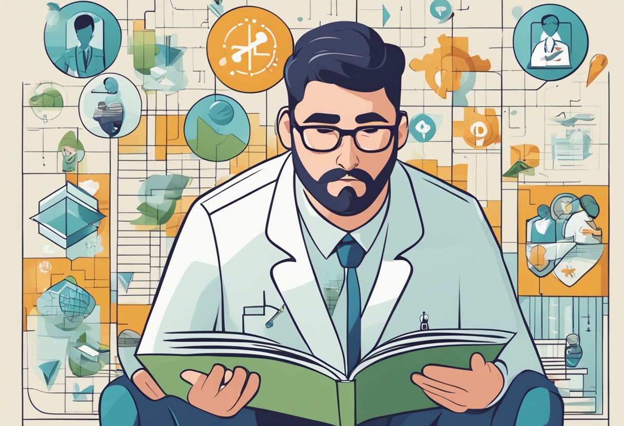 A person reading a health insurance brochure with a puzzled expression, surrounded by medical symbols and charts